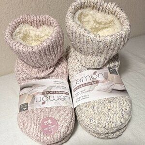 (Bundle 2) Lemon Women's Cozy Turn Cuff Slipper Socks M/L Ivory & Pink Non Slip